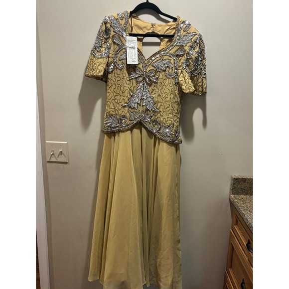 gold beaded sequin dress Gold Sequined Evening Gown With Embellished Shoulders main image 0